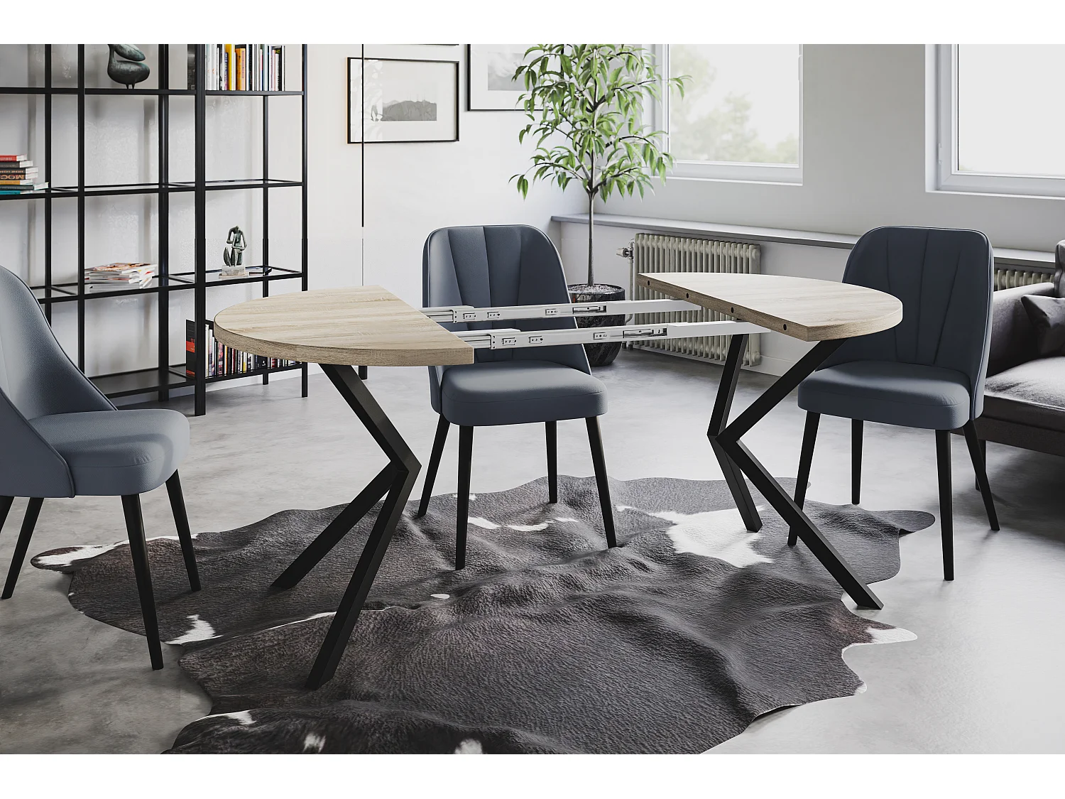 Table de salle à manger ronde BERGO, table à rallonges Diamètre : 100 cm/180 cm, couleur de la table basse : beige, avec pieds métalliques de couleur noire