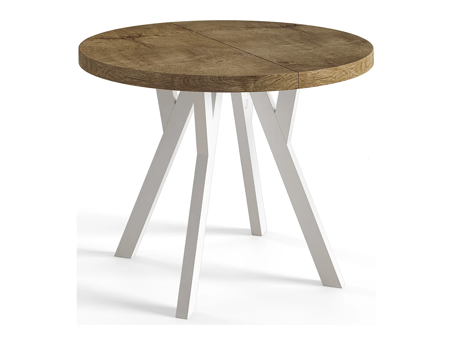 Table de salle à manger ronde OVO, table à rallonges Diamètre : 110 cm à 210 cm, couleur de la table basse : LEFAKS, avec pieds en bois blanc