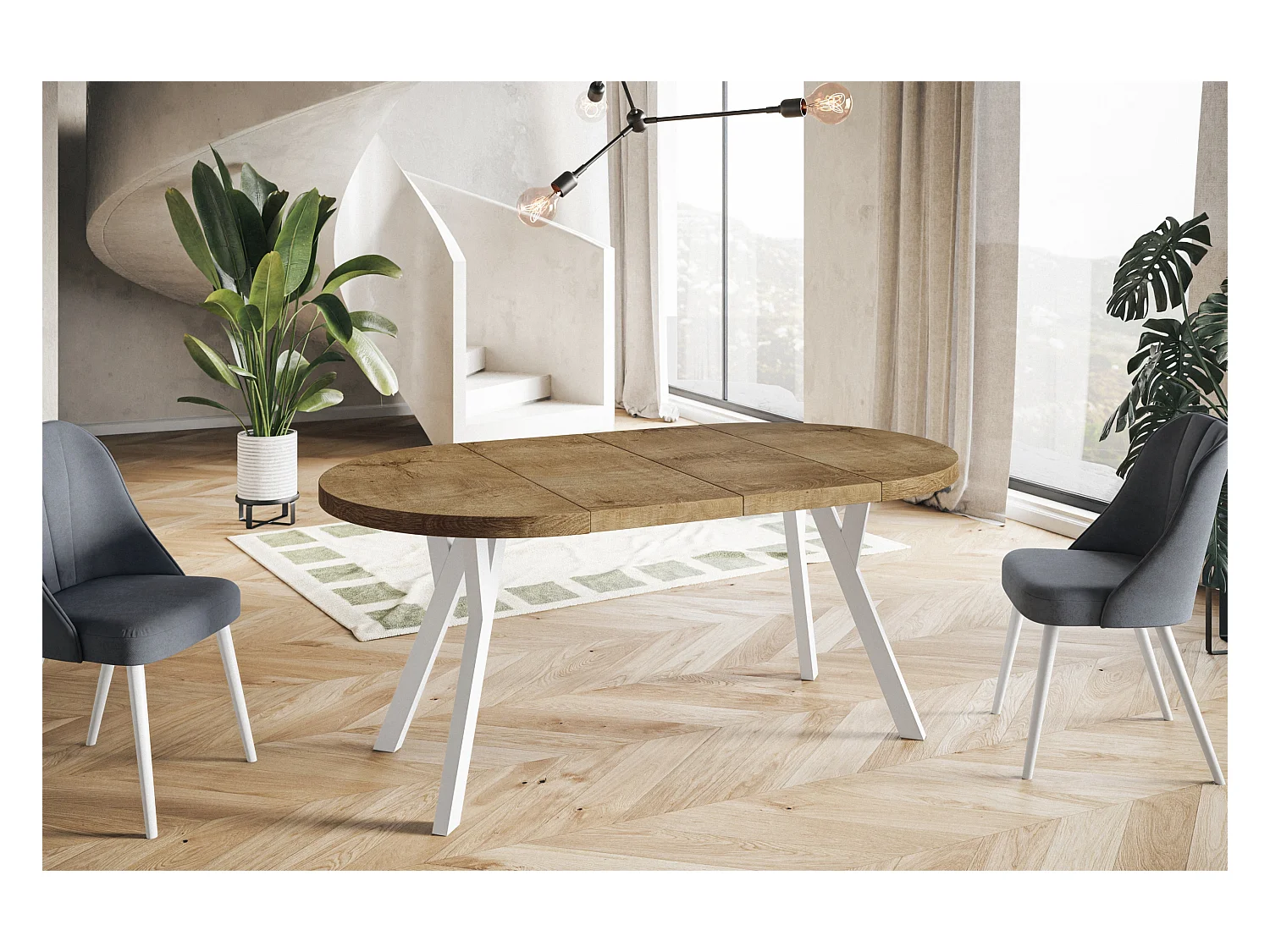 Table de salle à manger ronde OVO, table à rallonges Diamètre : 110 cm à 210 cm, couleur de la table basse : LEFAKS, avec pieds en bois blanc