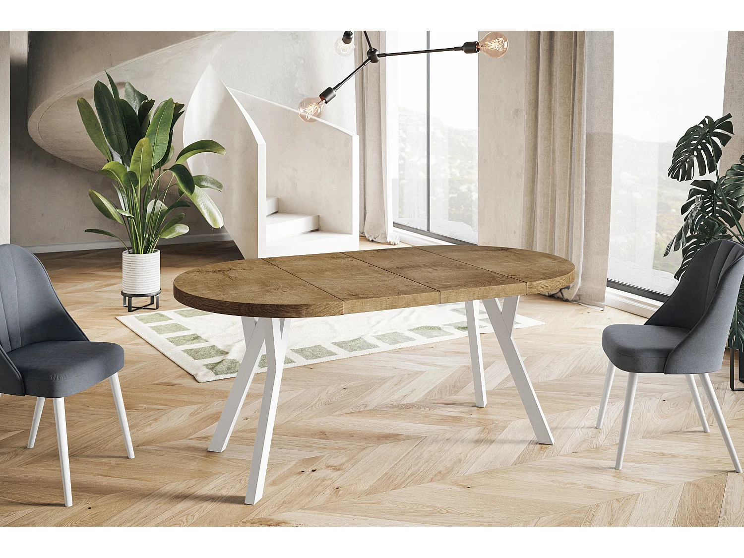 Table de salle à manger ronde OVO, table à rallonges Diamètre : 110 cm à 210 cm, couleur de la table basse : LEFAKS, avec pieds en bois blanc