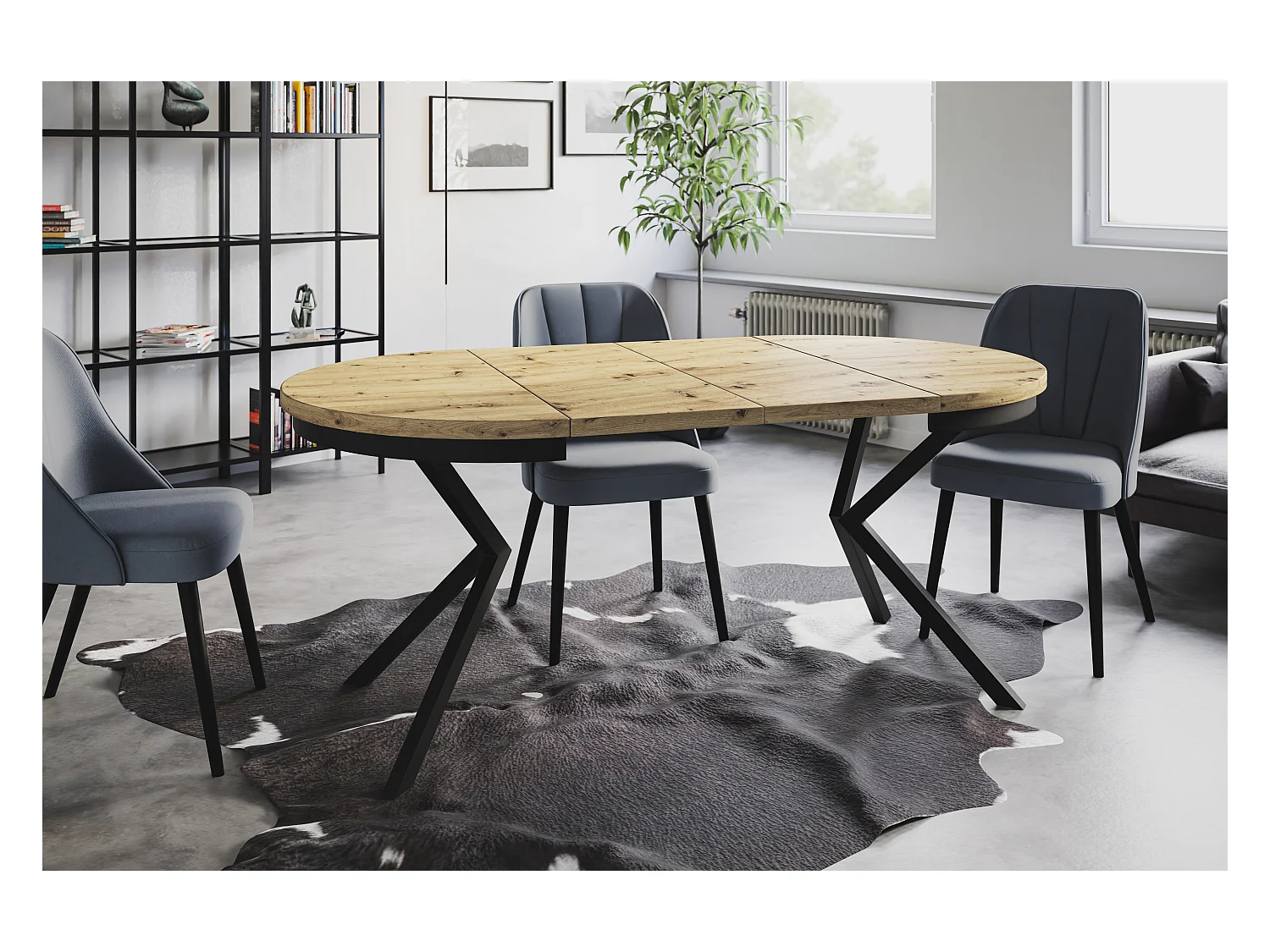 Table de salle à manger ronde BERGO, table à rallonges Diamètre : 100 cm/180 cm, couleur de la table basse : brun mat, avec pieds métalliques de couleur noire