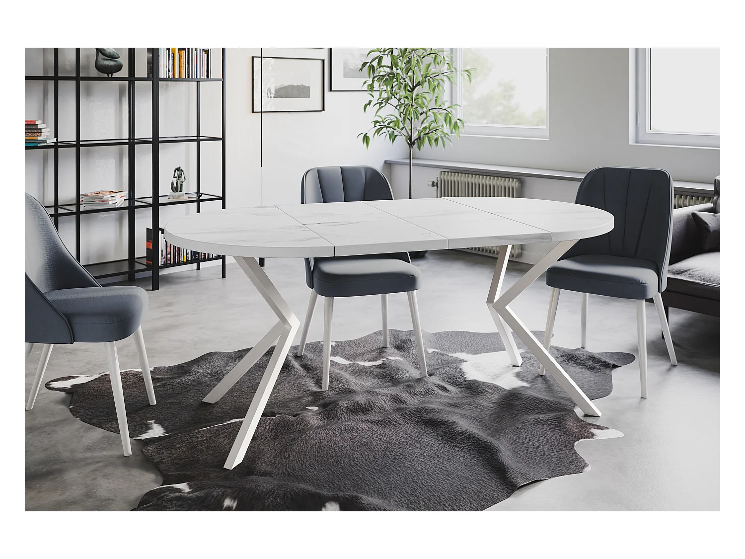 Table à manger ronde LITEN, table à rallonges Diamètre : 90 cm/170 cm, couleur de la table basse : marbre, avec pieds métalliques blancs