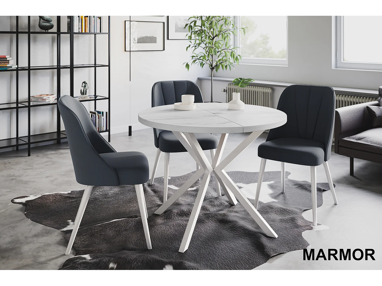 Table à manger ronde LITEN, table à rallonges Diamètre : 90 cm/170 cm, couleur de la table basse : marbre, avec pieds métalliques blancs