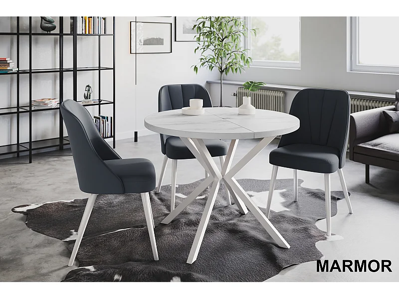 Table à manger ronde LITEN, table à rallonges Diamètre : 90 cm/170 cm, couleur de la table basse : marbre, avec pieds métalliques blancs