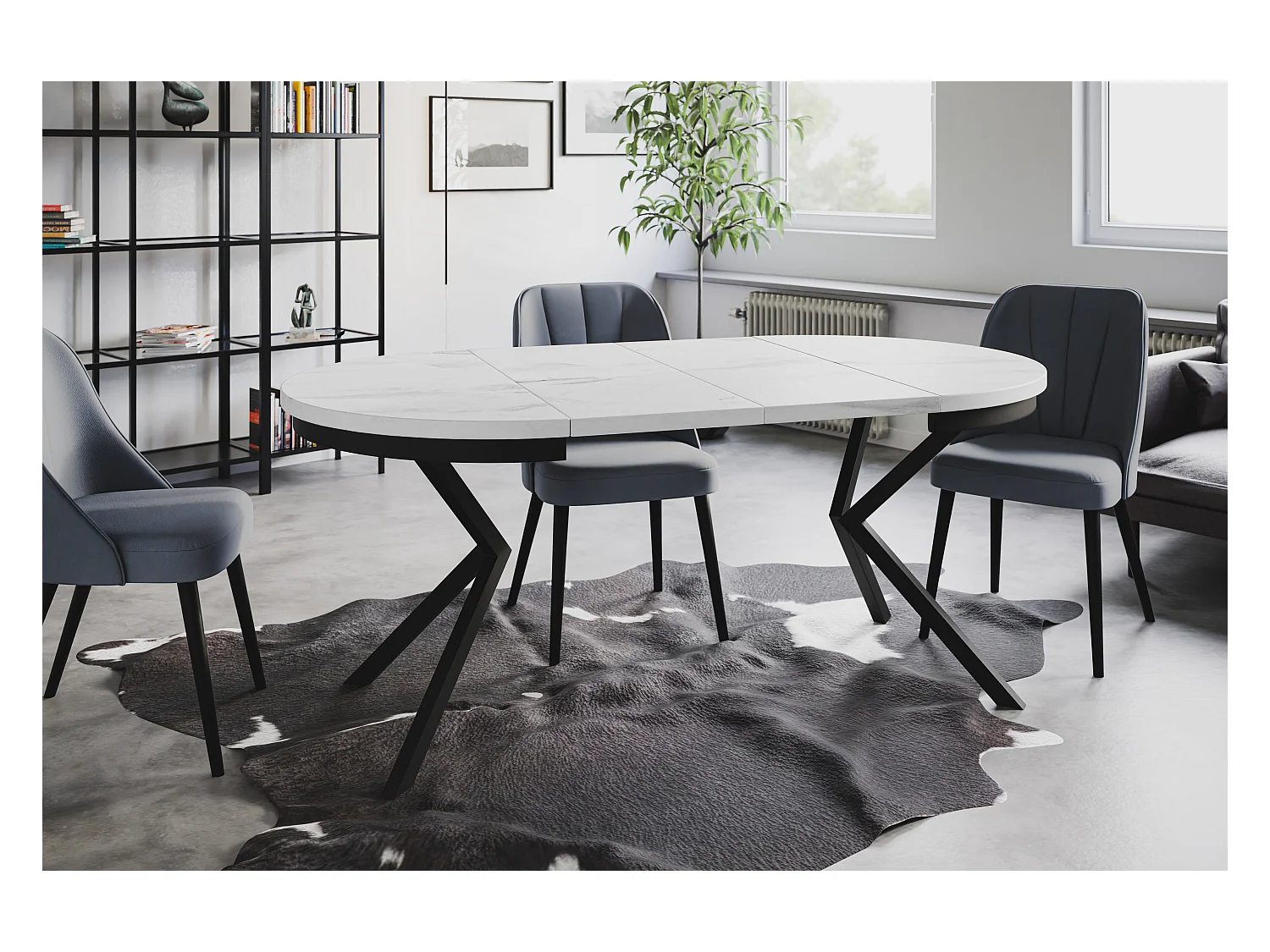 Table de salle à manger ronde BERGO, table à rallonges Diamètre : 100 cm/180 cm, couleur de la table basse : marbre, avec pieds métalliques de couleur noire