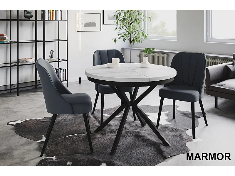 Table de salle à manger ronde BERGO, table à rallonges Diamètre : 100 cm/180 cm, couleur de la table basse : marbre, avec pieds métalliques de couleur noire