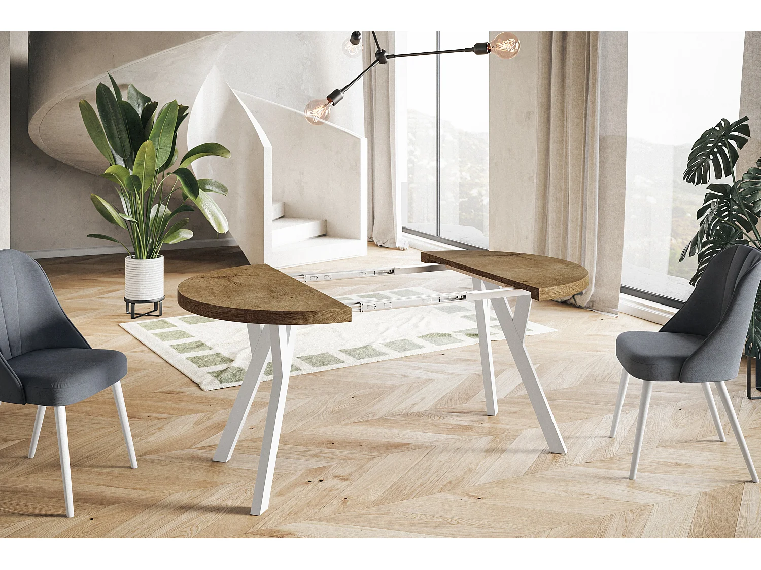 Table de salle à manger ronde OVO, table à rallonges Diamètre : 90 cm à 190 cm, couleur de la table basse : LEFAKS, avec pieds en bois blanc