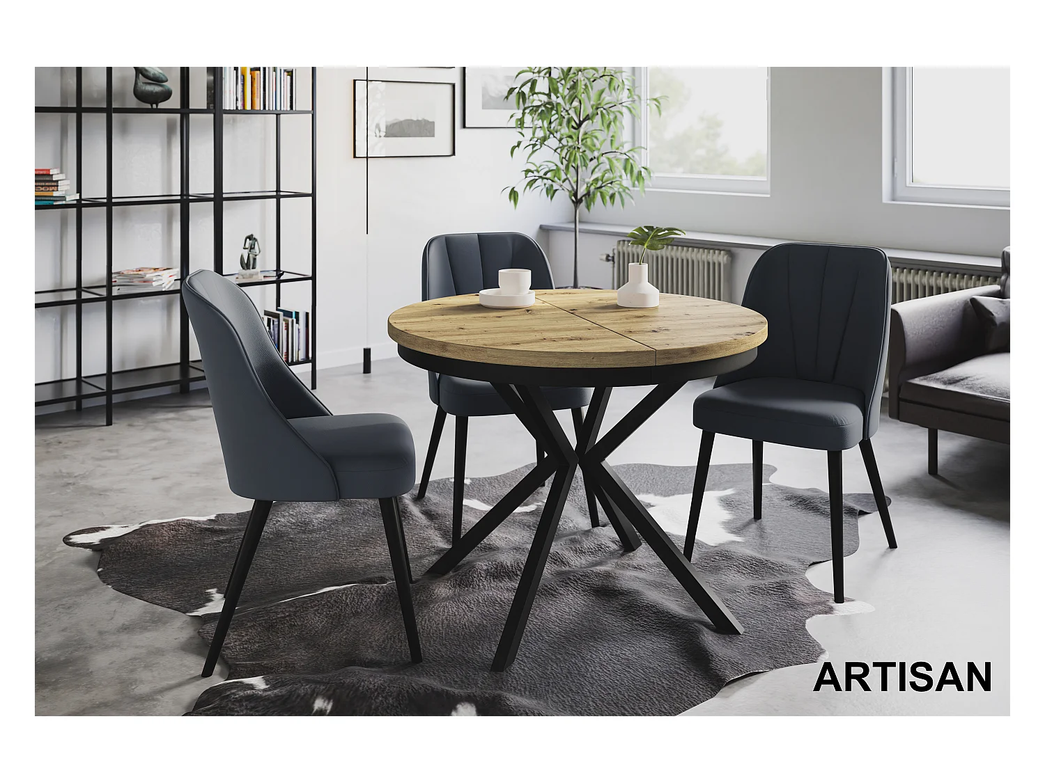 Table de salle à manger ronde BERGO, table à rallonges Diamètre : 120 cm/200 cm, couleur de la table basse : brun mat, avec pieds métalliques de couleur noire