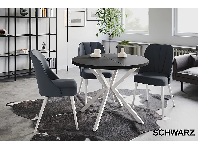 Table à manger ronde LITEN, table à rallonges Diamètre : 90 cm/170 cm, couleur de la table basse : noir, avec pieds métalliques blancs