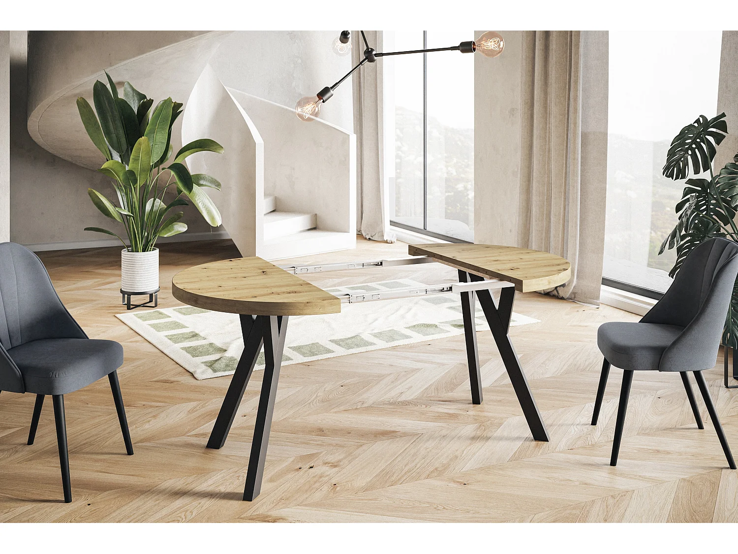 Table de salle à manger ronde OVO, table à rallonges Diamètre : 90 cm à 190 cm, couleur de la table basse : ARTISAN, avec pieds en bois de couleur noire