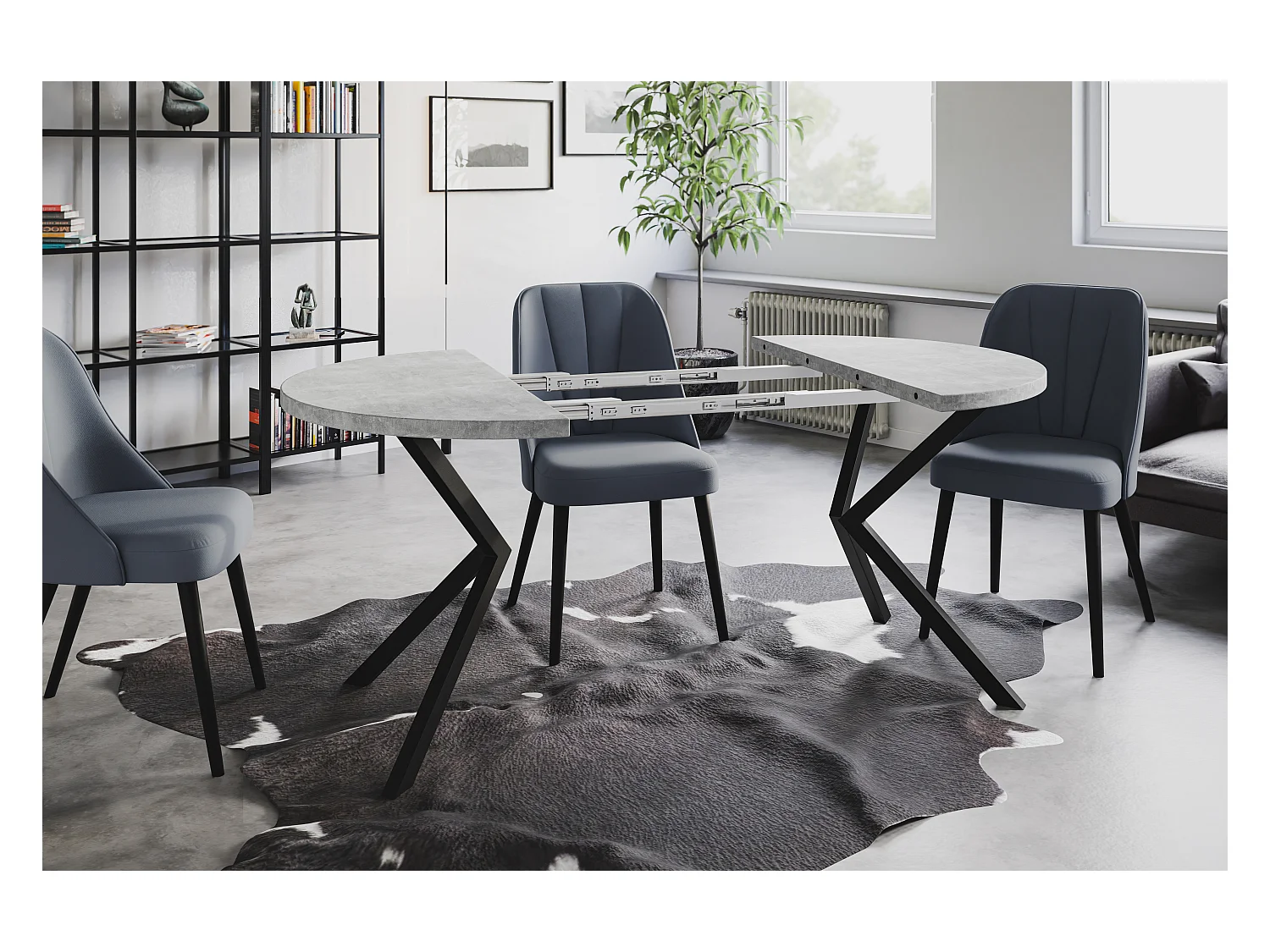 Table de salle à manger ronde BERGO, table à rallonges Diamètre : 120 cm/200 cm, couleur de la table basse : gris clair, avec pieds métalliques de couleur noire