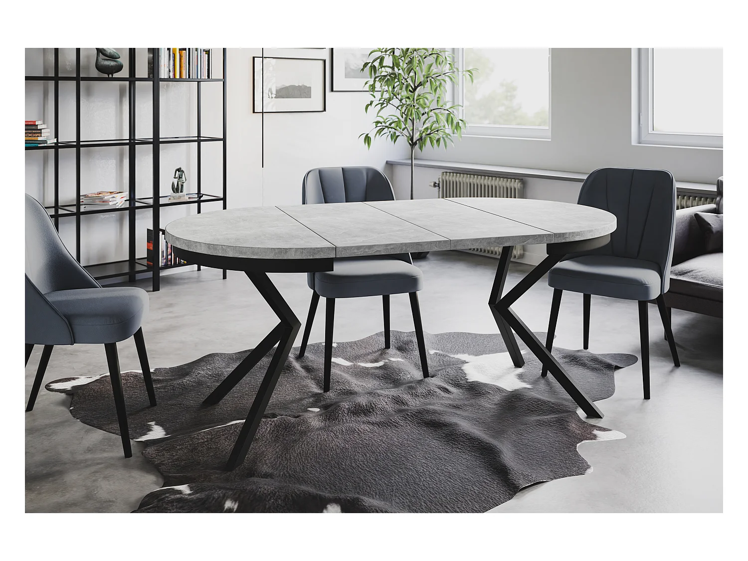 Table de salle à manger ronde BERGO, table à rallonges Diamètre : 120 cm/200 cm, couleur de la table basse : gris clair, avec pieds métalliques de couleur noire