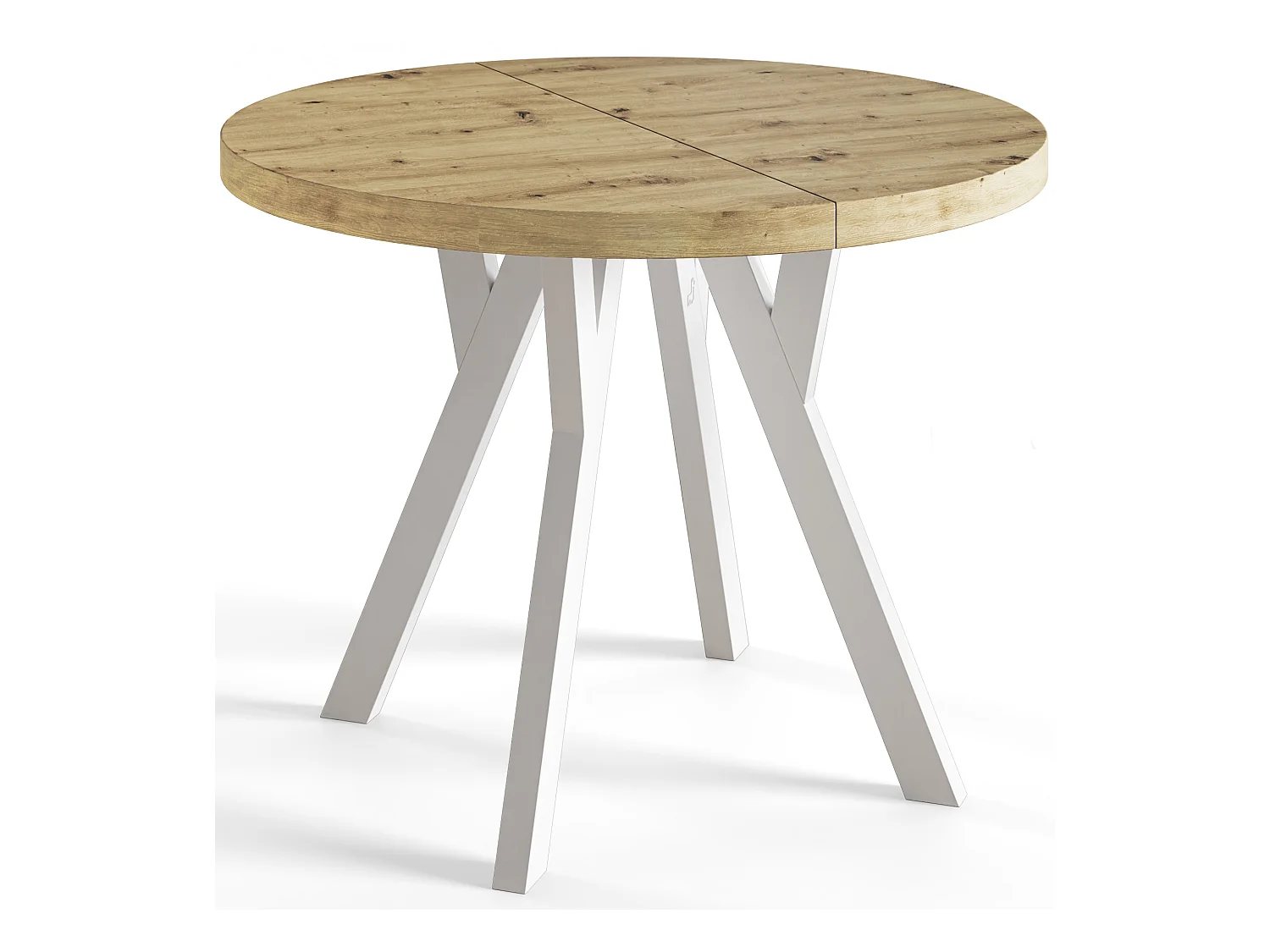 Table de salle à manger ronde OVO, table à rallonges Diamètre : 120 cm à 220 cm, couleur de la table basse : ARTISAN, avec pieds en bois de couleur blanche