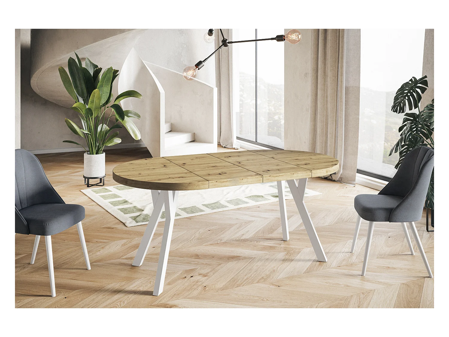 Table de salle à manger ronde OVO, table à rallonges Diamètre : 120 cm à 220 cm, couleur de la table basse : ARTISAN, avec pieds en bois de couleur blanche