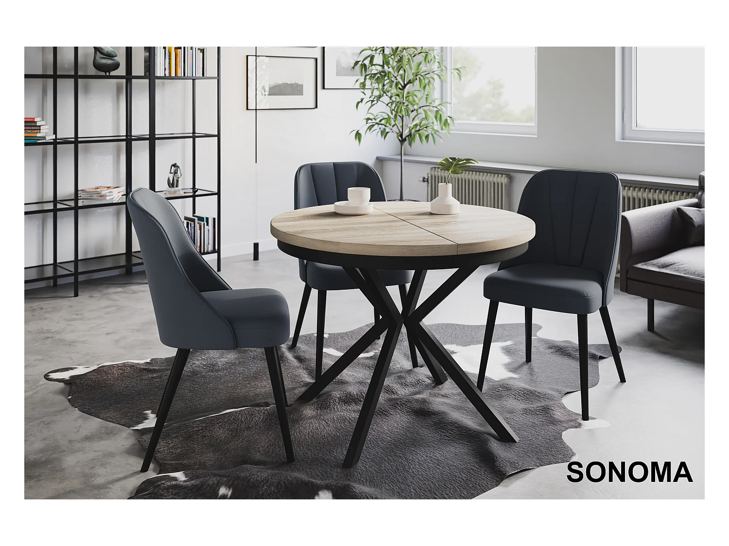 Table de salle à manger ronde BERGO, table à rallonges Diamètre : 120 cm/200 cm, couleur de la table basse : beige, avec pieds métalliques de couleur noire