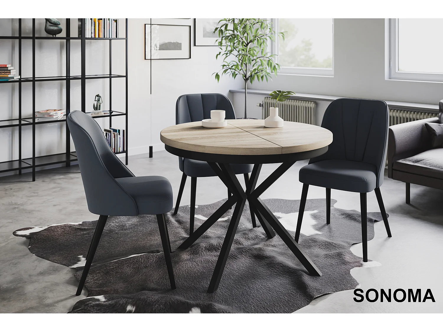 Table de salle à manger ronde BERGO, table à rallonges Diamètre : 120 cm/200 cm, couleur de la table basse : beige, avec pieds métalliques de couleur noire