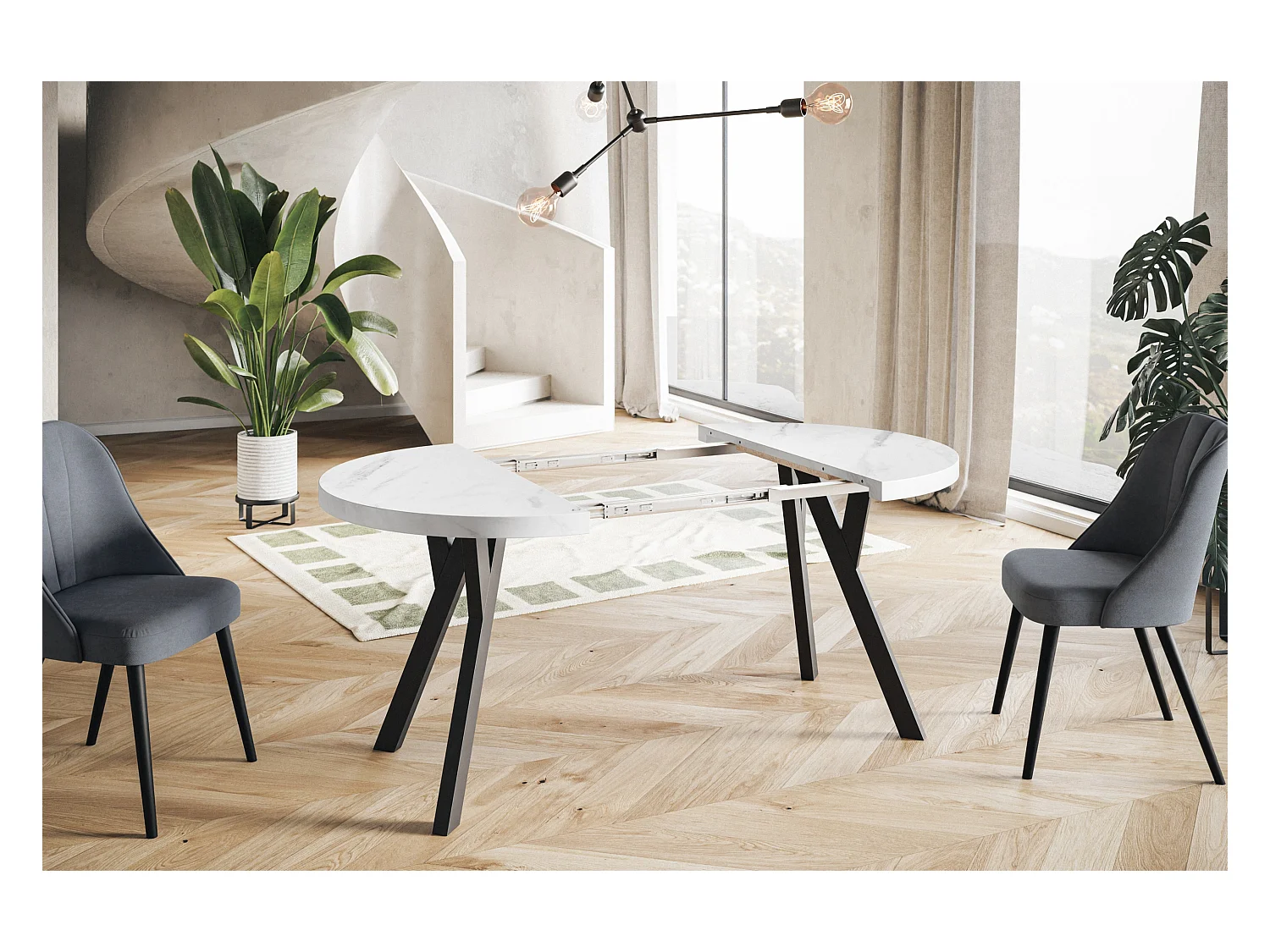 Table à manger ronde OVO, table à rallonges Diamètre : 120 cm à 220 cm, couleur de la table basse : MARMUR, avec pieds en bois couleur noir