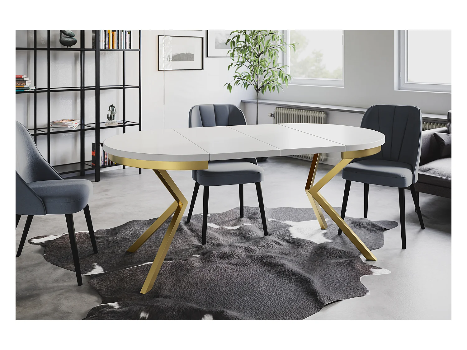 Table de salle à manger ronde BERGO, table à rallonges Diamètre : 90 cm/170 cm, couleur de la table basse : gris clair, avec pieds métalliques couleur or