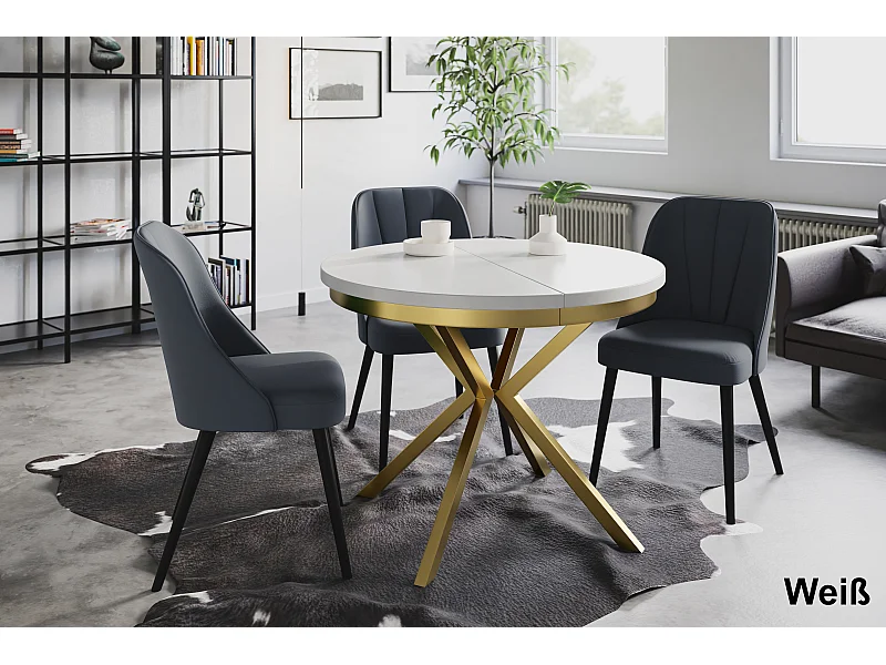 Table de salle à manger ronde BERGO, table à rallonges Diamètre : 90 cm/170 cm, couleur de la table basse : gris clair, avec pieds métalliques couleur or