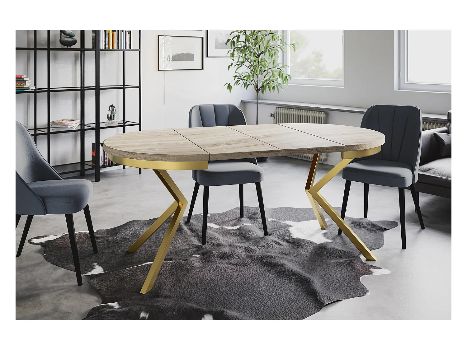 Table à manger ronde BERGO, table à rallonges Diamètre : 120 cm/200 cm, couleur de la table basse : beige, avec pieds métalliques couleur or