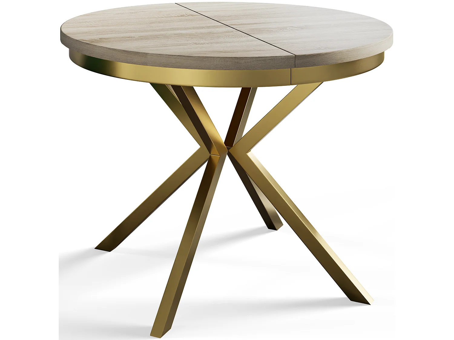 Table à manger ronde BERGO, table à rallonges Diamètre : 120 cm/200 cm, couleur de la table basse : beige, avec pieds métalliques couleur or