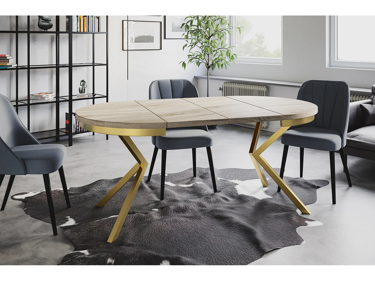 Table de salle à manger ronde BERGO, table à rallonges Diamètre : 100 cm/180 cm, couleur de la table de salon : beige, avec pieds métalliques couleur or