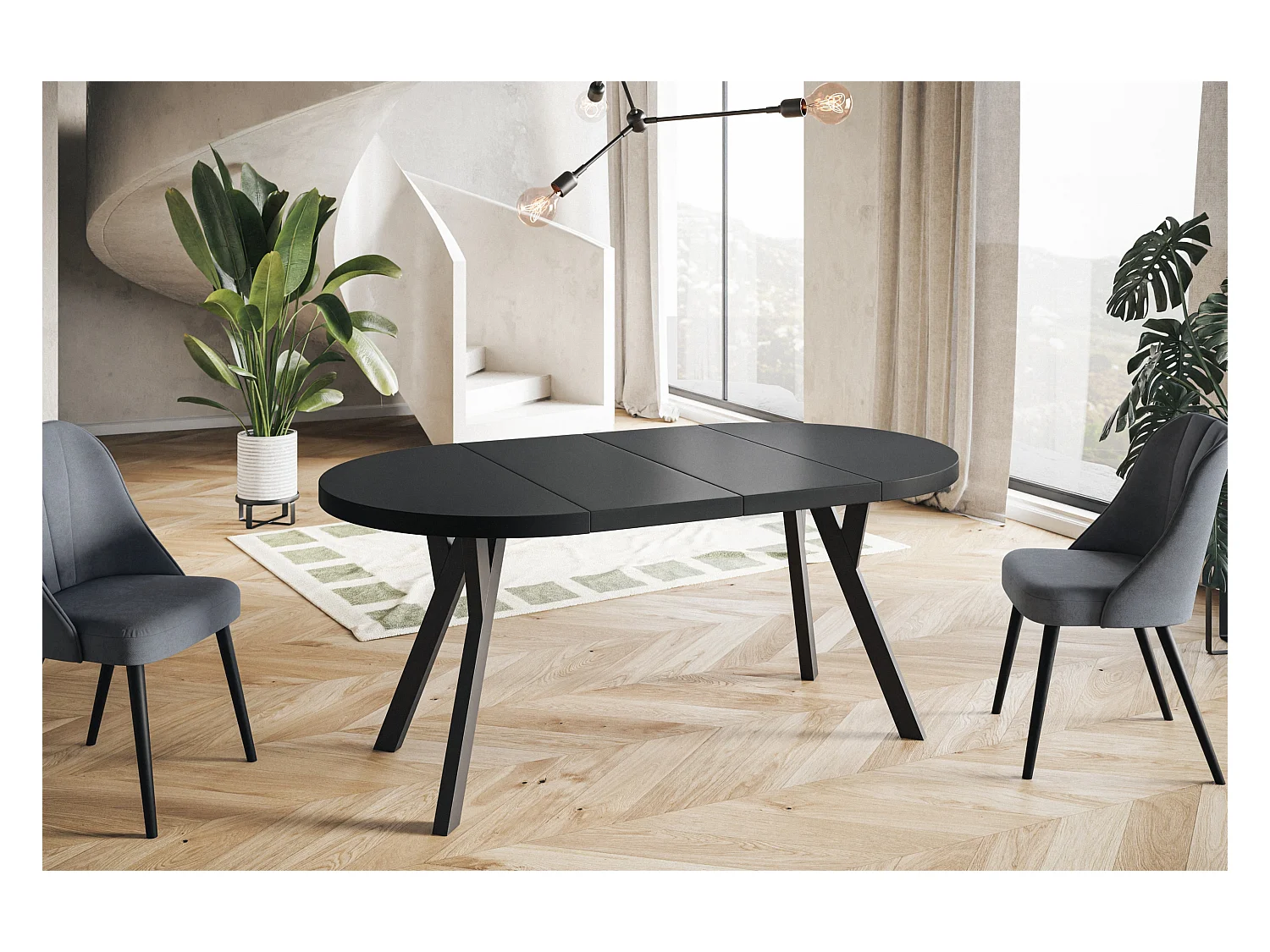 Table de salle à manger ronde OVO, table à rallonges Diamètre : 110 cm à 210 cm, couleur de la table basse : noir, avec pieds en bois de couleur noire