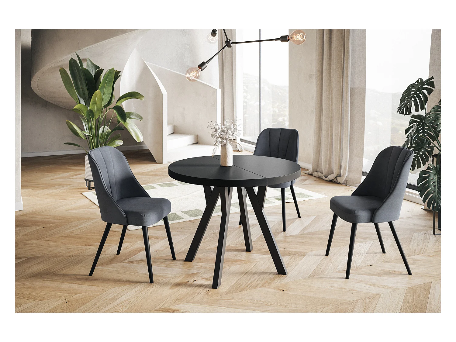 Table de salle à manger ronde OVO, table à rallonges Diamètre : 110 cm à 210 cm, couleur de la table basse : noir, avec pieds en bois de couleur noire