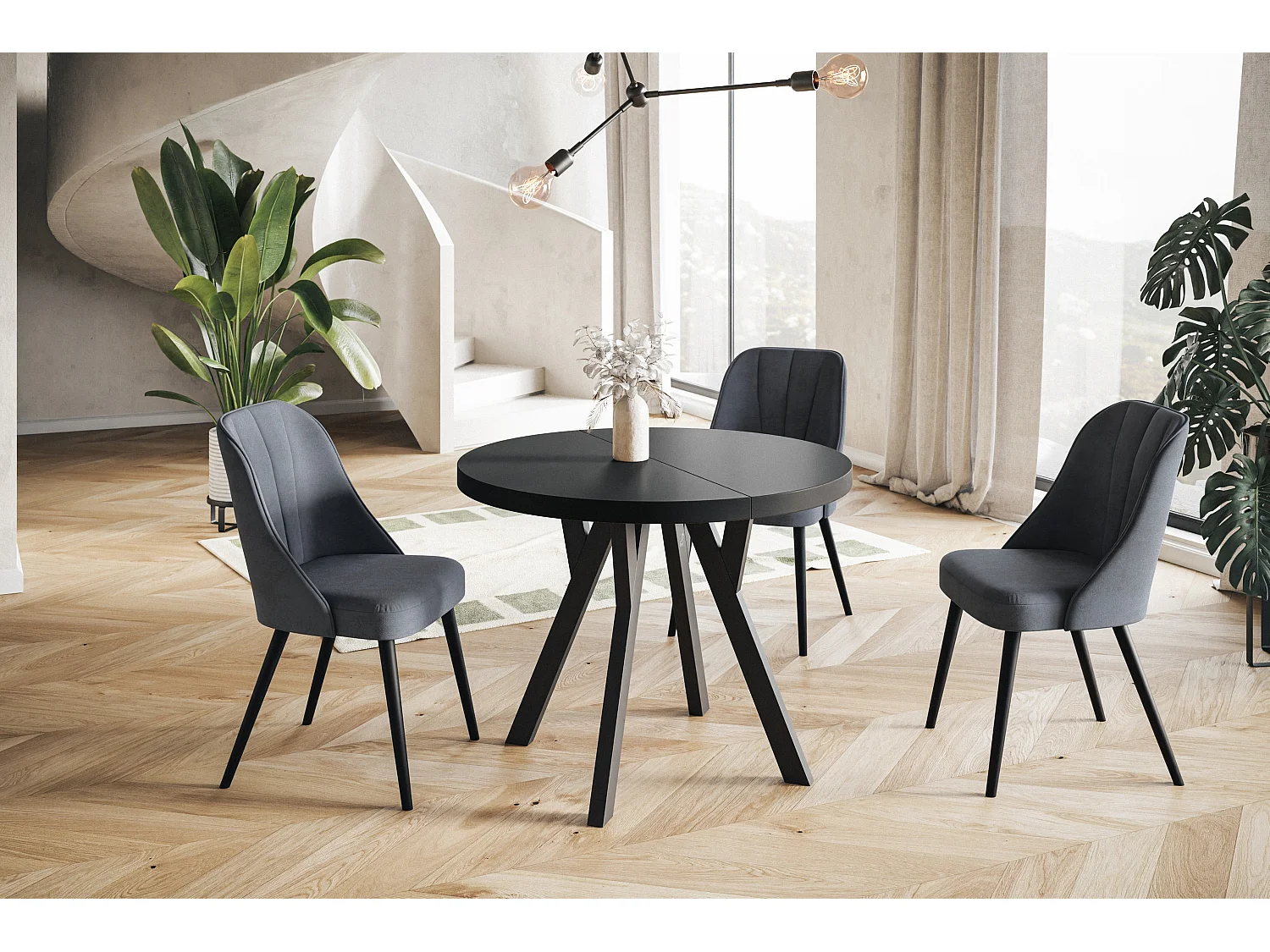 Table de salle à manger ronde OVO, table à rallonges Diamètre : 110 cm à 210 cm, couleur de la table basse : noir, avec pieds en bois de couleur noire