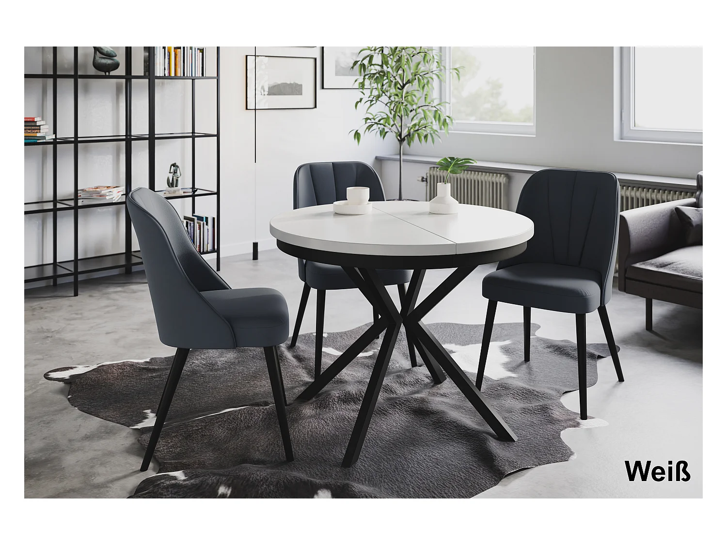 Table de salle à manger ronde BERGO, table à rallonges Diamètre : 100 cm/180 cm, couleur de la table basse : blanc, avec pieds métalliques de couleur noir