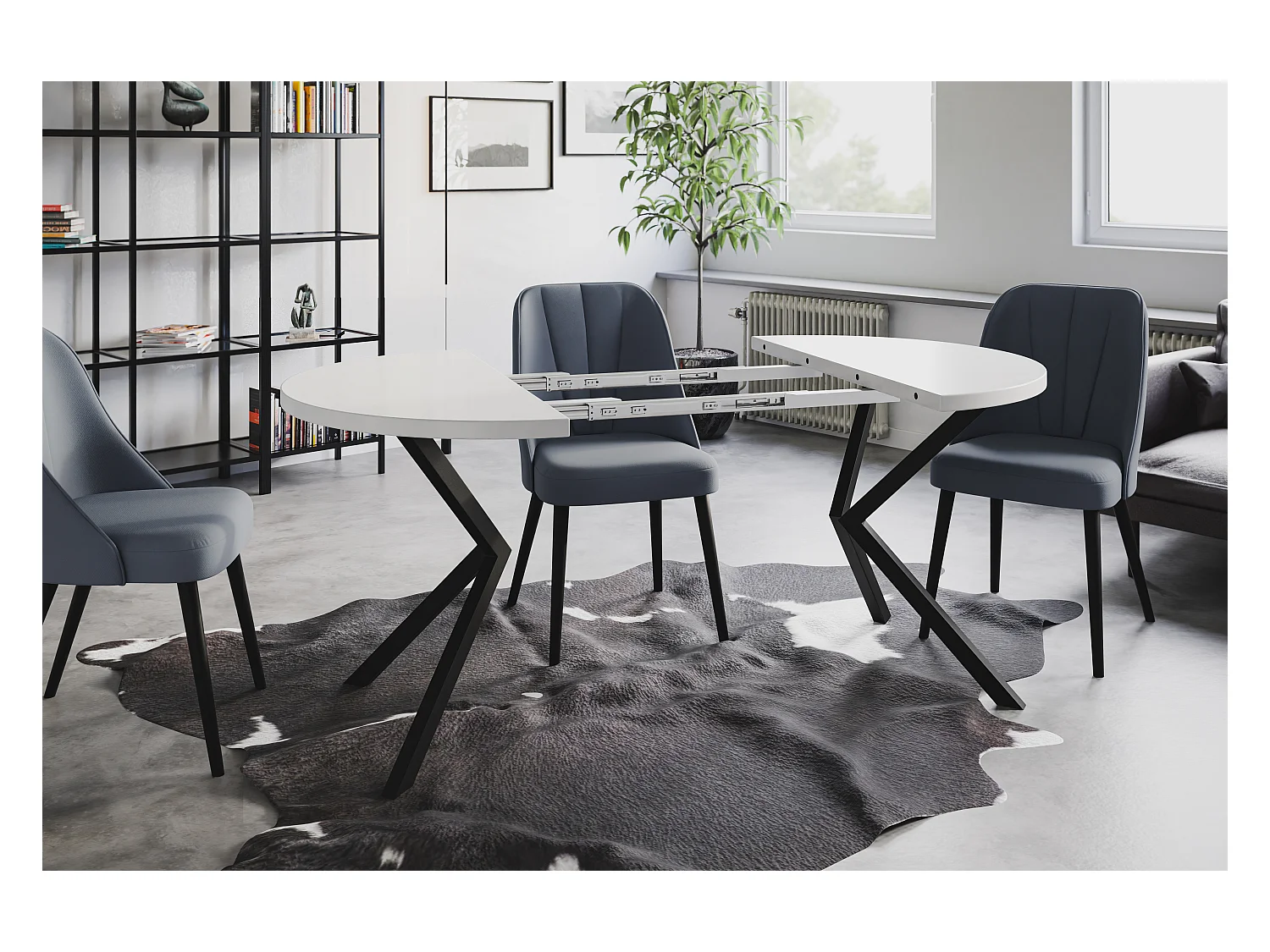Table de salle à manger ronde BERGO, table à rallonges Diamètre : 100 cm/180 cm, couleur de la table basse : blanc, avec pieds métalliques de couleur noir