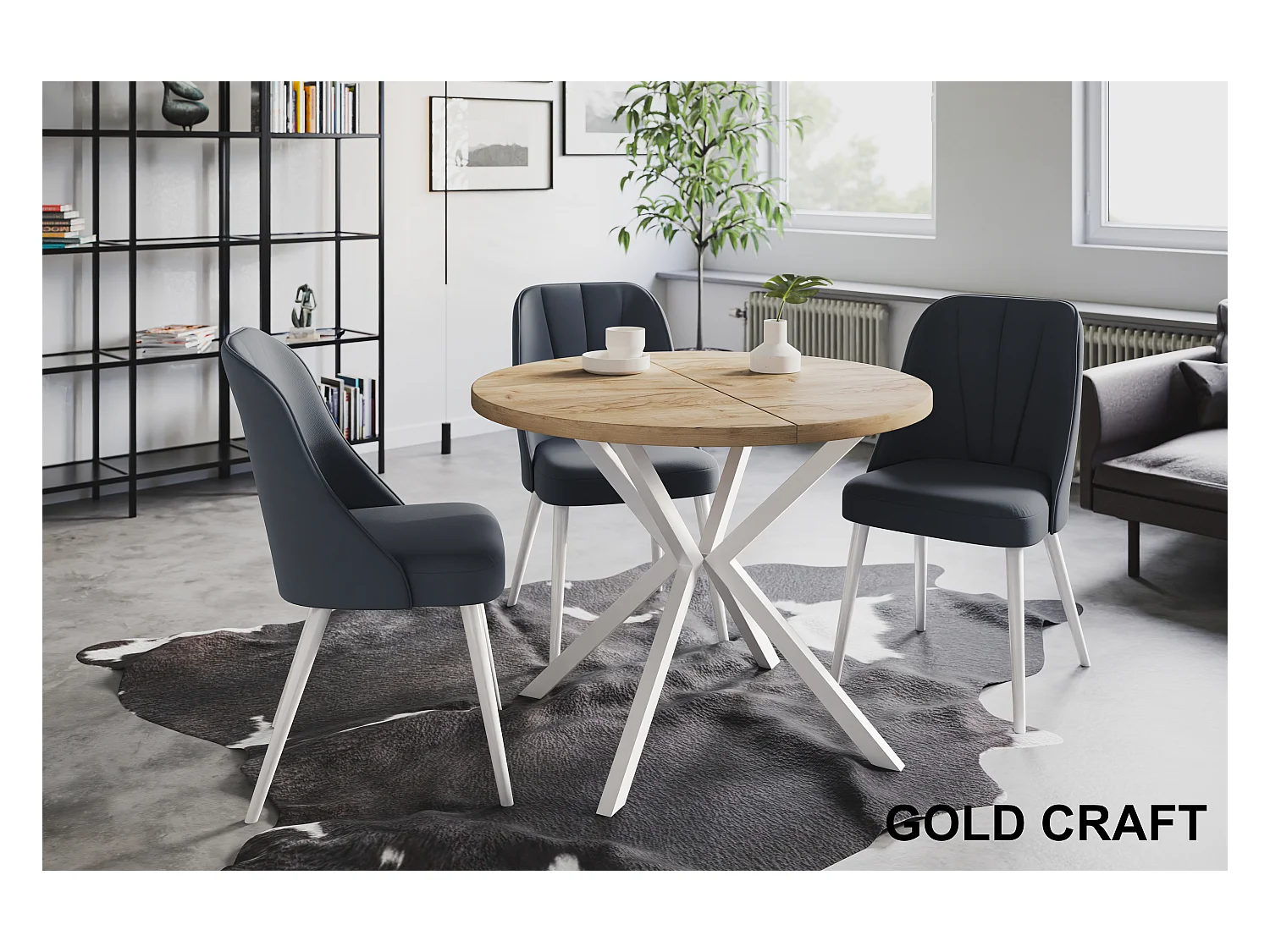 Table à manger ronde LITEN, table à rallonges Diamètre : 100 cm/180 cm, couleur de la table basse : marron, avec pieds métalliques blancs