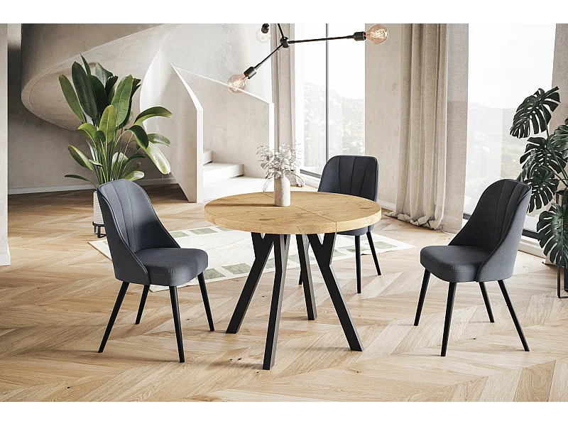 Table de salle à manger ronde OVO, table à rallonges Diamètre : 80 cm à 130 cm, couleur de la table basse : LANCELOT, avec pieds en bois de couleur noire