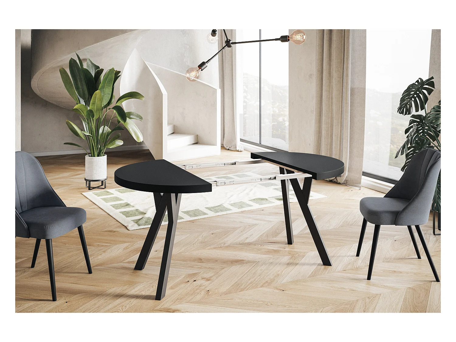 Table de salle à manger ronde OVO, table à rallonges Diamètre : 90 cm à 190 cm, couleur de la table basse : noir, avec pieds en bois de couleur noir