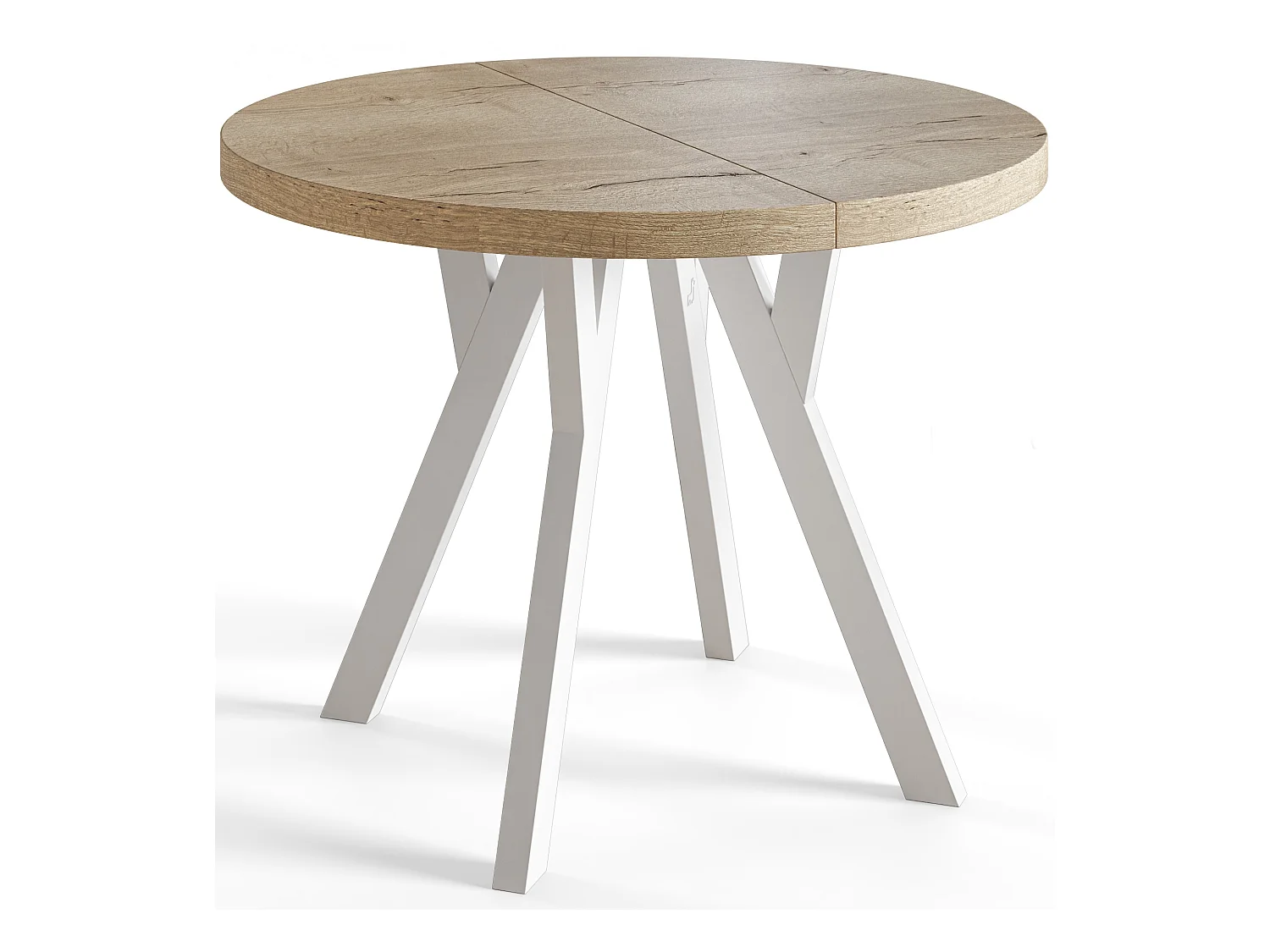 Table de salle à manger ronde OVO, table à rallonges Diamètre : 80 cm à 130 cm, couleur de la table basse : HALIFAX, avec pieds en bois de couleur blanche