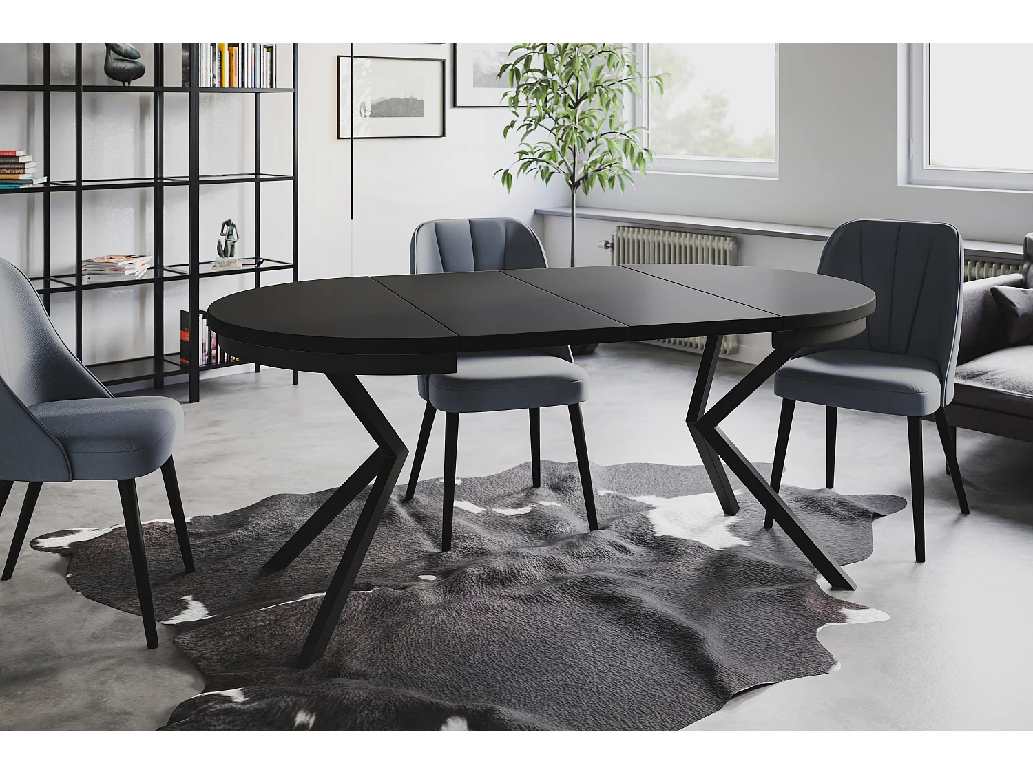 Table de salle à manger ronde BERGO, table à rallonges Diamètre : 100 cm/180 cm, couleur de la table basse : noir, avec pieds métalliques de couleur noire