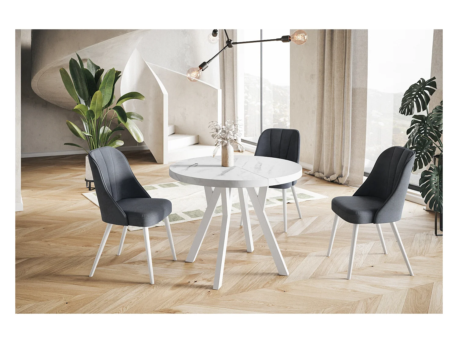 Table de salle à manger ronde OVO, table à rallonges Diamètre : 120 cm à 220 cm, couleur de la table basse : MARMUR, avec pieds en bois blanc
