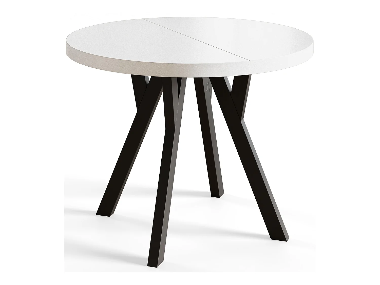 Table de salle à manger ronde OVO, table à rallonges Diamètre : 80 cm à 130 cm, couleur de la table de salon : blanc, avec pieds en bois couleur noir
