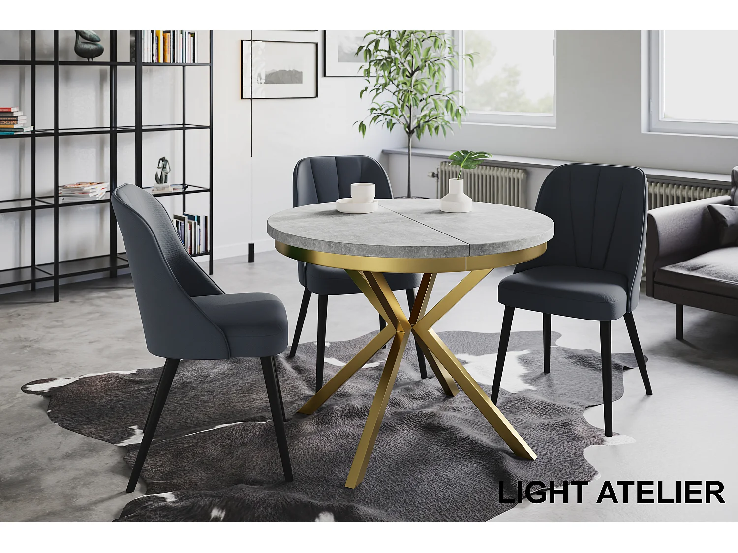 Table de salle à manger ronde BERGO, table à rallonges Diamètre : 120 cm/200 cm, couleur de la table basse : gris clair, avec pieds métalliques couleur or