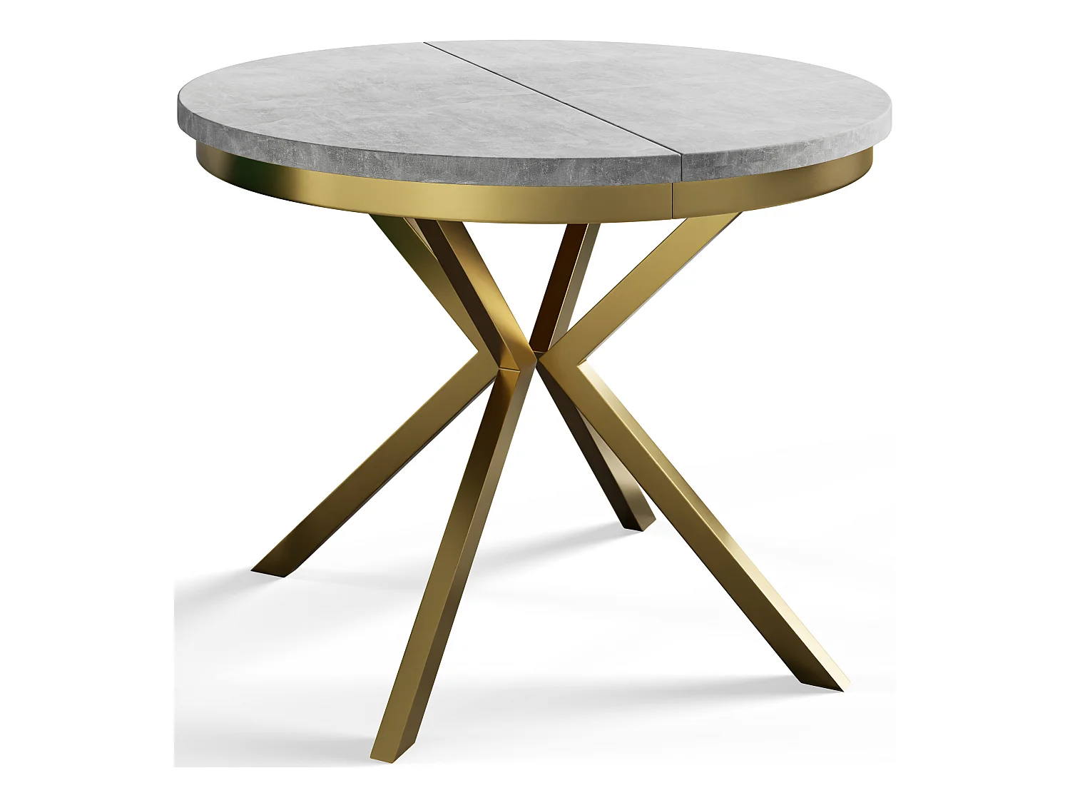 Table de salle à manger ronde BERGO, table à rallonges Diamètre : 120 cm/200 cm, couleur de la table basse : gris clair, avec pieds métalliques couleur or