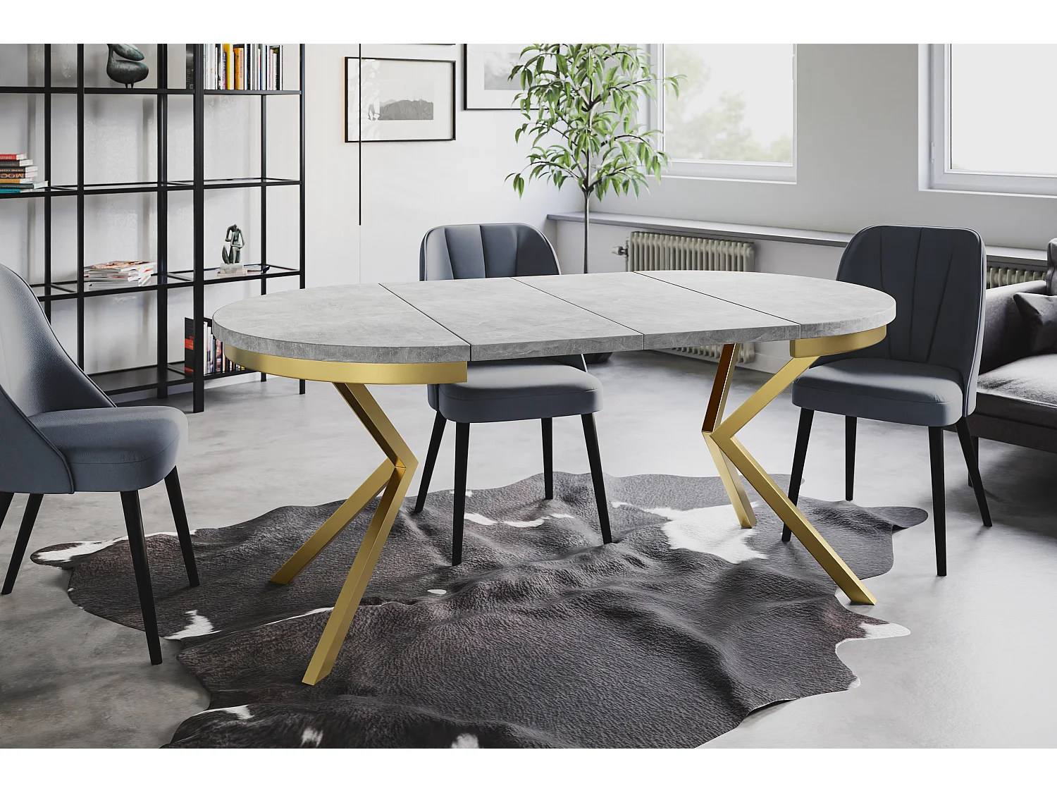 Table de salle à manger ronde BERGO, table à rallonges Diamètre : 120 cm/200 cm, couleur de la table basse : gris clair, avec pieds métalliques couleur or