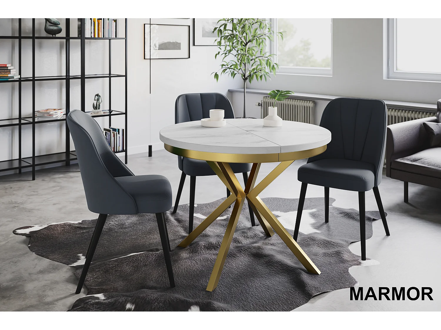 Table de salle à manger ronde BERGO, table à rallonges Diamètre : 90 cm/170 cm, couleur de la table basse : marbre, avec pieds métalliques couleur or