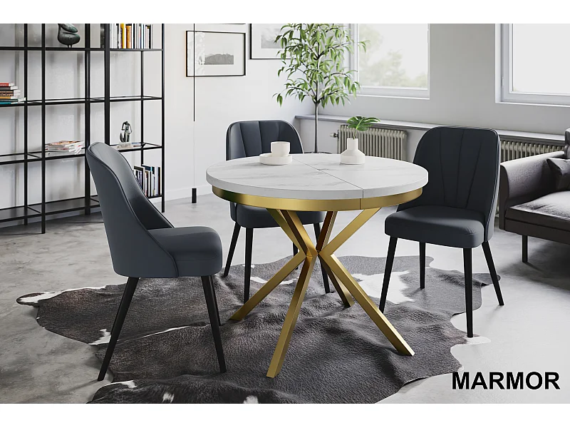 Table de salle à manger ronde BERGO, table à rallonges Diamètre : 90 cm/170 cm, couleur de la table basse : marbre, avec pieds métalliques couleur or