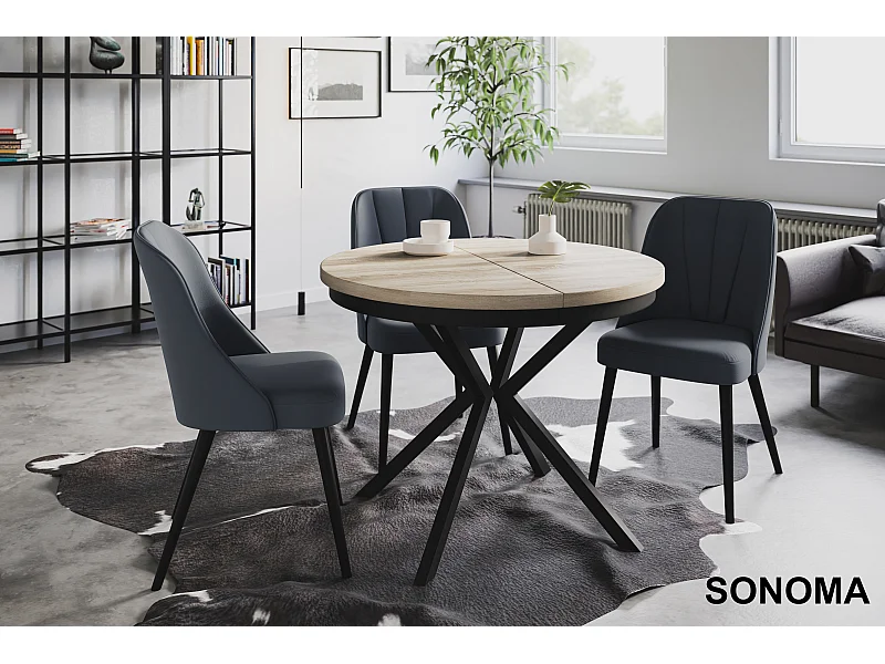 Table de salle à manger ronde BERGO, table à rallonges Diamètre : 90 cm/170 cm, couleur de la table basse : beige, avec pieds métalliques de couleur noire