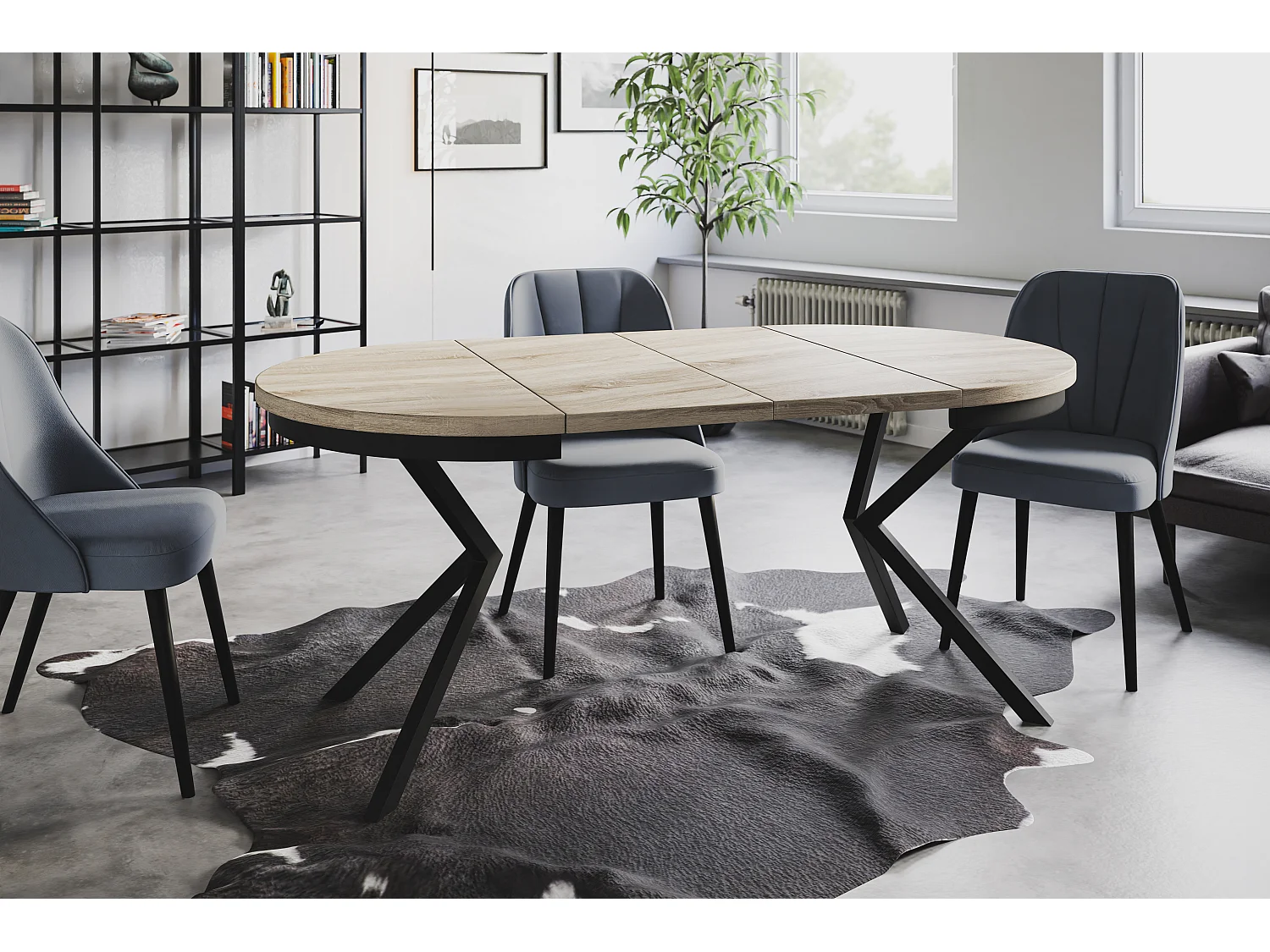 Table de salle à manger ronde BERGO, table à rallonges Diamètre : 90 cm/170 cm, couleur de la table basse : beige, avec pieds métalliques de couleur noire