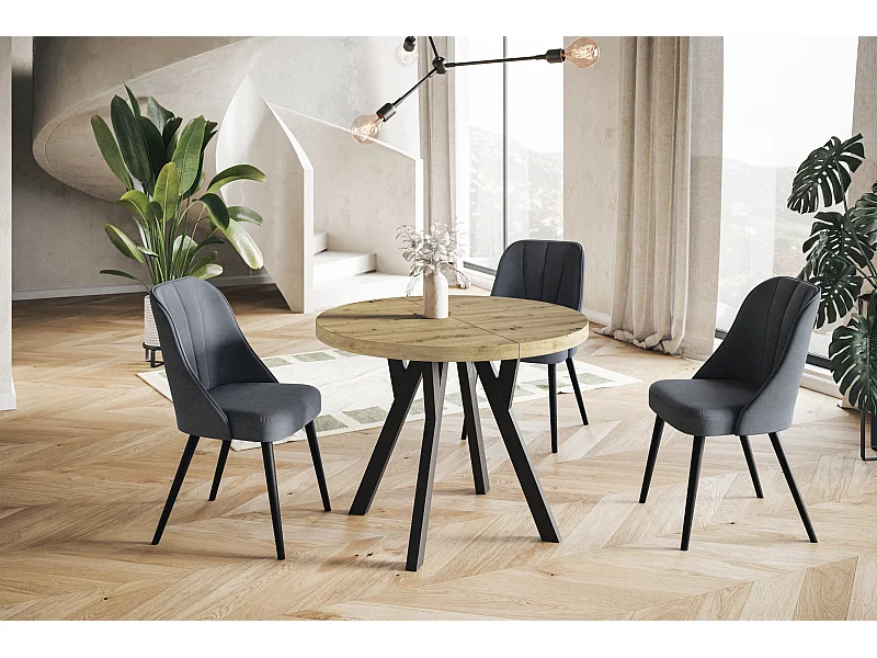 Table de salle à manger ronde OVO, table à rallonges Diamètre : 110 cm à 210 cm, couleur de la table basse : ARTISAN, avec pieds en bois de couleur noire