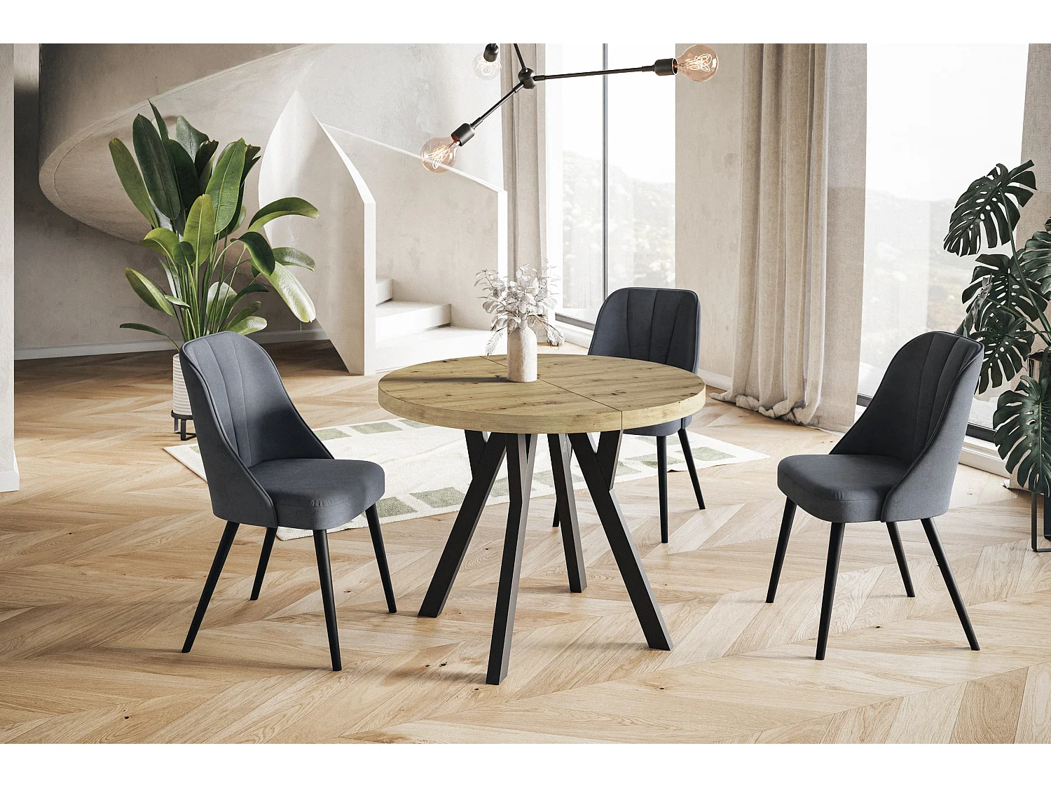 Table de salle à manger ronde OVO, table à rallonges Diamètre : 110 cm à 210 cm, couleur de la table basse : ARTISAN, avec pieds en bois de couleur noire