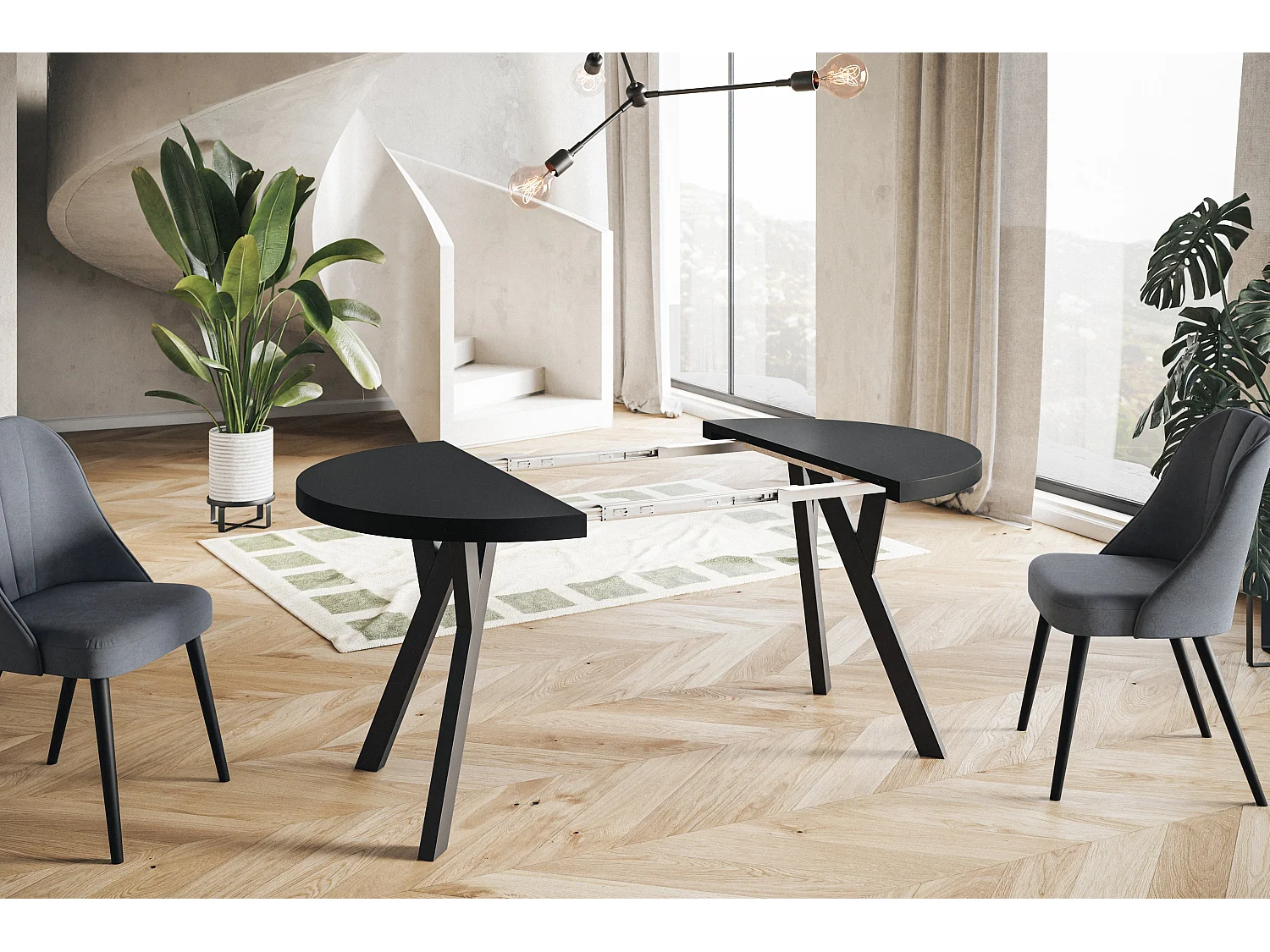 Table de salle à manger ronde OVO, table à rallonges Diamètre : 100 cm à 200 cm, couleur de la table basse : noir, avec pieds en bois de couleur noire