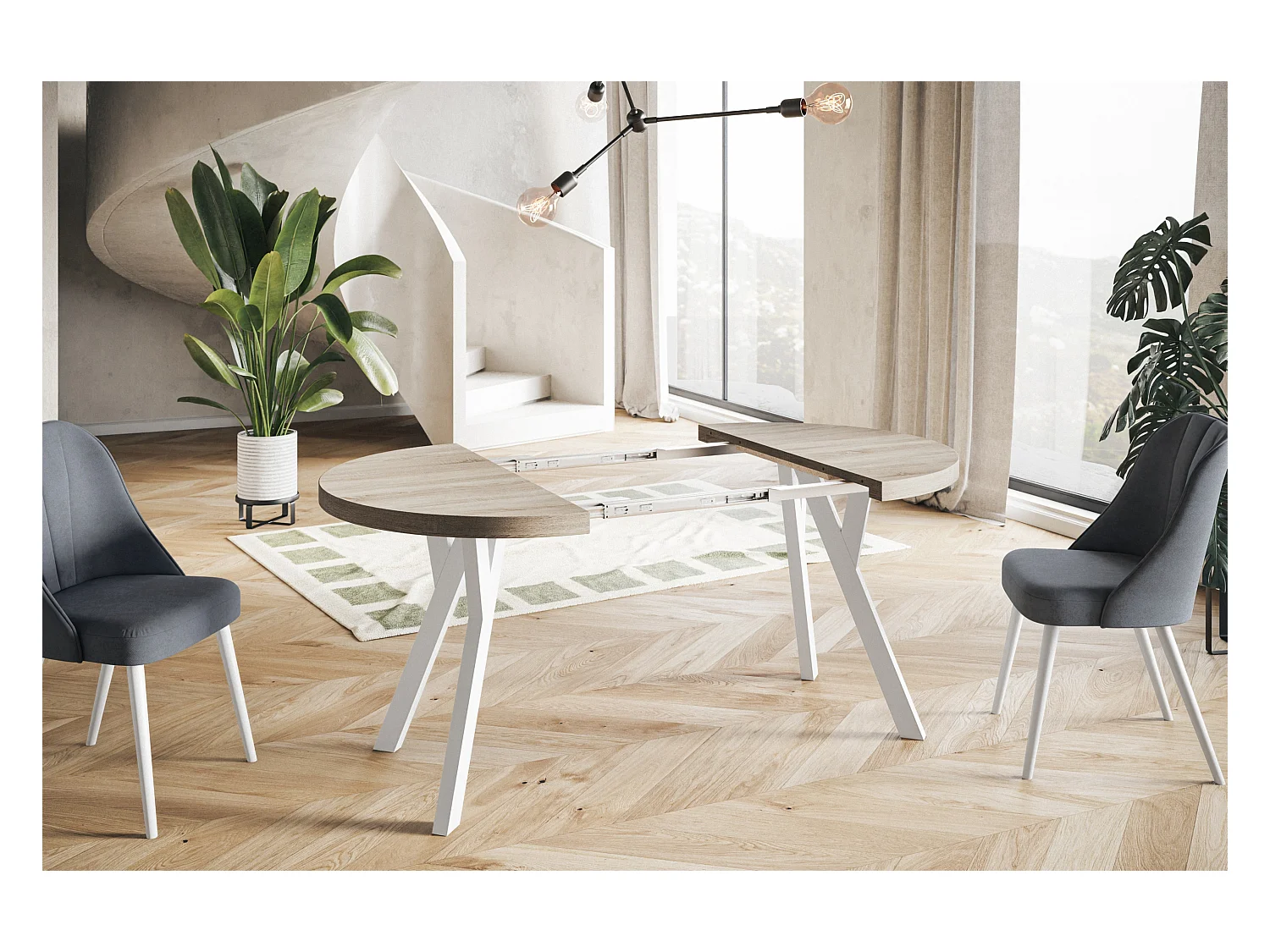 Table à manger ronde OVO, table à rallonges Diamètre : 120 cm à 220 cm, couleur de la table basse : SONOMA, avec pieds en bois blanc