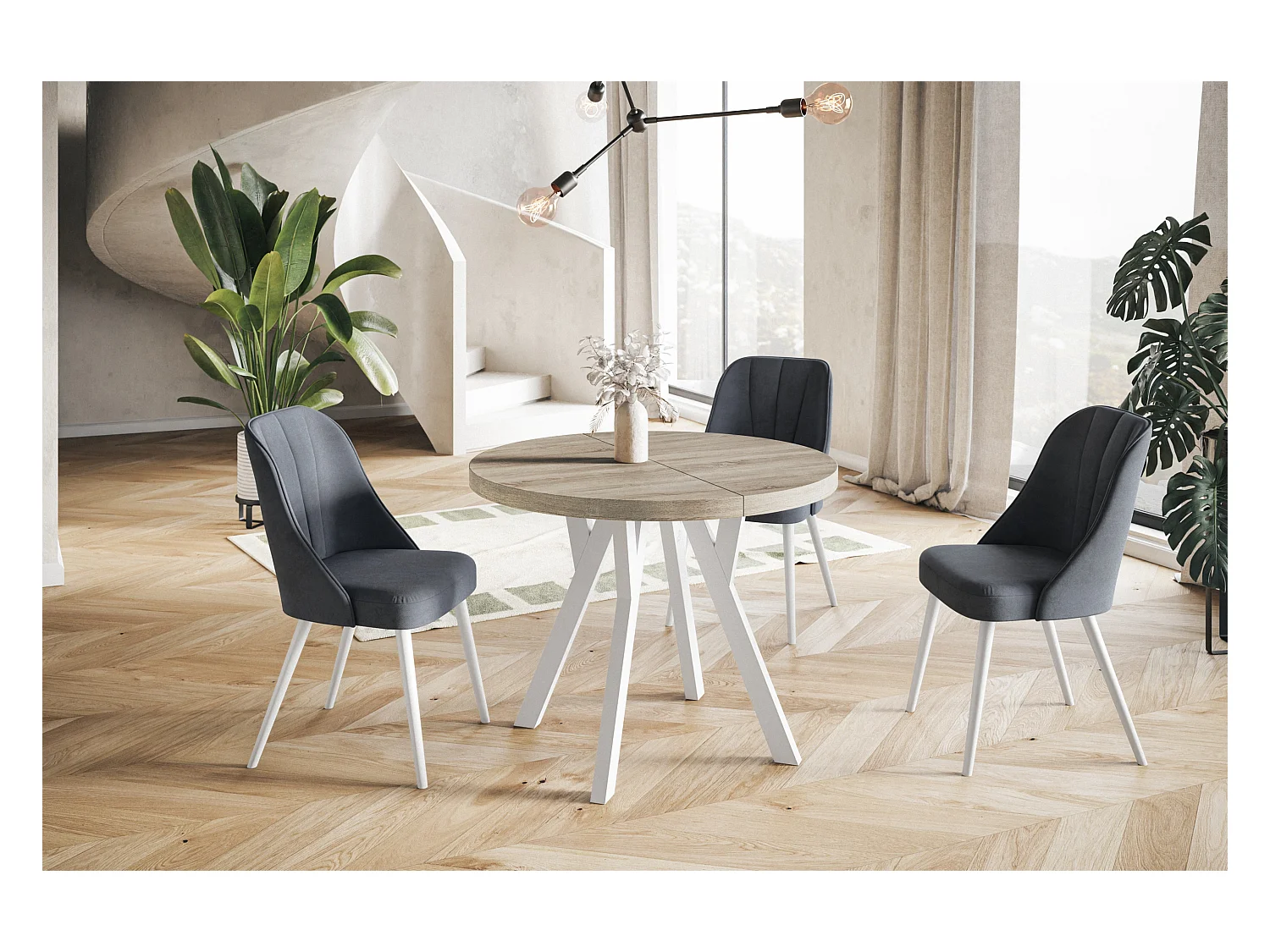 Table à manger ronde OVO, table à rallonges Diamètre : 120 cm à 220 cm, couleur de la table basse : SONOMA, avec pieds en bois blanc